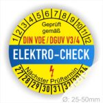 DIN VDE-DGUV Prüfplaketten, Prüfetiketten rund, Farbe- Gelb in der Mitte ein Streifen in Blau, Text oberer Teil "Geprüft gemäß DIN-VDE/DGUV V3/4" in Schwarz. Mittig Streifen in Rot mit dem Text " ELEKTRO-CHECK", danach Elektropfeil in Rot Startjahr- 27, Monatszahlen Oben und Jahreszahlen Unten in Kreisform. Über den Jahreszahlen Text "Nächster Prüftermin"