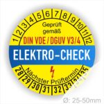 Prüfetiketten, Prüfplaketten rund, Farbe- Gelb in der Mitte ein Streifen in Blau, Text oberer Teil "Geprüft gemäß DIN-VDE/DGUV V3/4" in Schwarz. Mittig Streifen in Rot mit dem Text " ELEKTRO-CHECK", danach Elektropfeil in Rot Startjahr- 28, Monatszahlen Oben und Jahreszahlen Unten in Kreisform. Über den Jahreszahlen Text "Nächster Prüftermin"