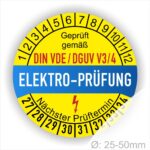 VDE DGUV Plakette, Prüfetiketten, Prüfplaketten rund, Farbe- Gelb in der Mitte ein Streifen in Blau, Text oberer Teil "Geprüft gemäß DIN-VDE/DGUV V3/4" in Schwarz. Mittig Streifen in Rot mit dem Text " ELEKTRO-PRÜFUNG", danach Elektropfeil in Rot Startjahr- 27, Monatszahlen Oben und Jahreszahlen Unten in Kreisform. Über den Jahreszahlen Text "Nächster Prüftermin"