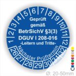 Prüfplakette für Leitern und Tritte Prüfung DGUV, BetrSichV Farbe Blau Text Geprüft gemäss BetrSichV §3 (3) DGUV Info 208-016 in Weis. Starjahr 26
