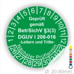 Prüfetikette, Wartungsetikett für Leitern und Tritte Prüfung DGUV, BetrSichV Farbe Braun Text Geprüft gemäss BetrSichV §3 (3) DGUV Info 208-016 in Weis. Starjahr 26