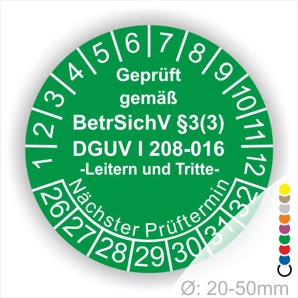 Prüfetikette, Wartungsetikett für Leitern und Tritte Prüfung DGUV, BetrSichV Farbe Braun Text Geprüft gemäss BetrSichV §3 (3) DGUV Info 208-016 in Weis. Starjahr 26