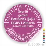 Prüfetikette, Prüfungsaufkleber für Leitern und Tritte DGUV, BetrSichV Wartung Farbe Lila Text Geprüft gemäss BetrSichV §3 (3) DGUV Info 208-016 in Weis. Starjahr 26