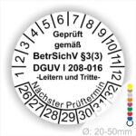 Prüfsiegel für Leitern und Tritte Prüfung DGUV, BetrSichV Farbe Weiss Text Geprüft gemäss BetrSichV §3 (3) DGUV Info 208-016 in Schwarz. Starjahr 26