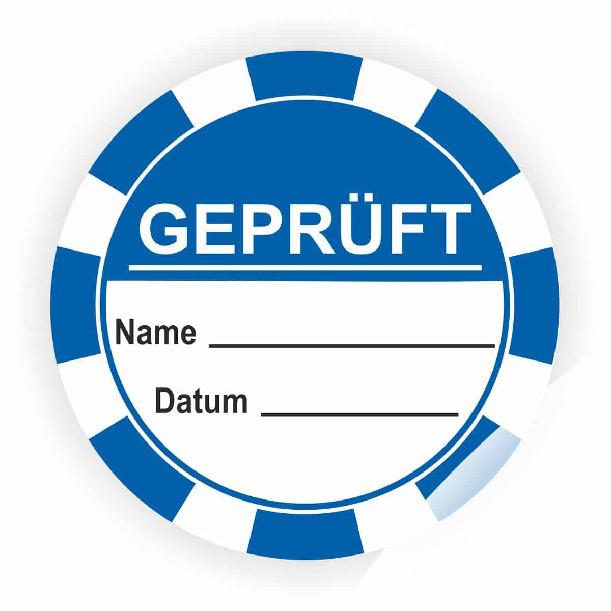 Runder blauer Prüfaufkleber mit der Aufschrift "GEPRÜFT", Platz für Name und Datum. Ideal für Qualitätskontrollen und Zertifizierungen.