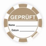 Runder Prüfaufkleber in Gold mit dem Text "GEPRÜFT" und Platz für Name und Datum. Ideal für Zertifizierungen und Qualitätskontrollen.