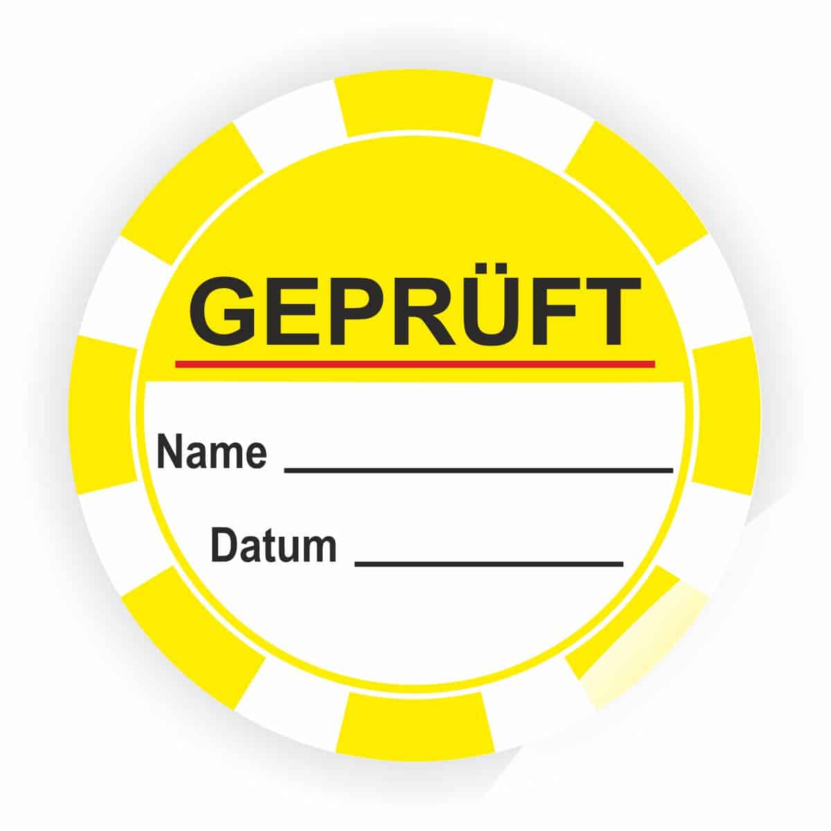 Gelbes Prüfzeichen mit der Aufschrift "GEPRÜFT", Platz für Namen und Datum. Ideal für Qualitätskontrollen und Zertifizierungen.