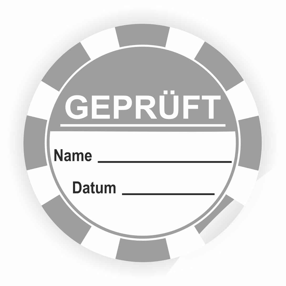 Rundes Prüfsiegel mit der Aufschrift "GEPRÜFT", Platz für Name und Datum. Ideal für Qualitätskontrollen und Zertifizierungen.