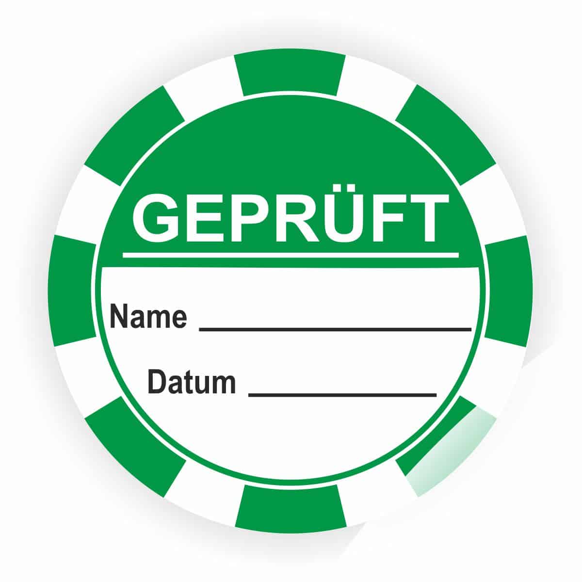 Grüner Prüfaufkleber mit dem Wort "GEPRÜFT", Platz für Name und Datum. Ideal zur Kennzeichnung von geprüften Dokumenten oder Produkten.