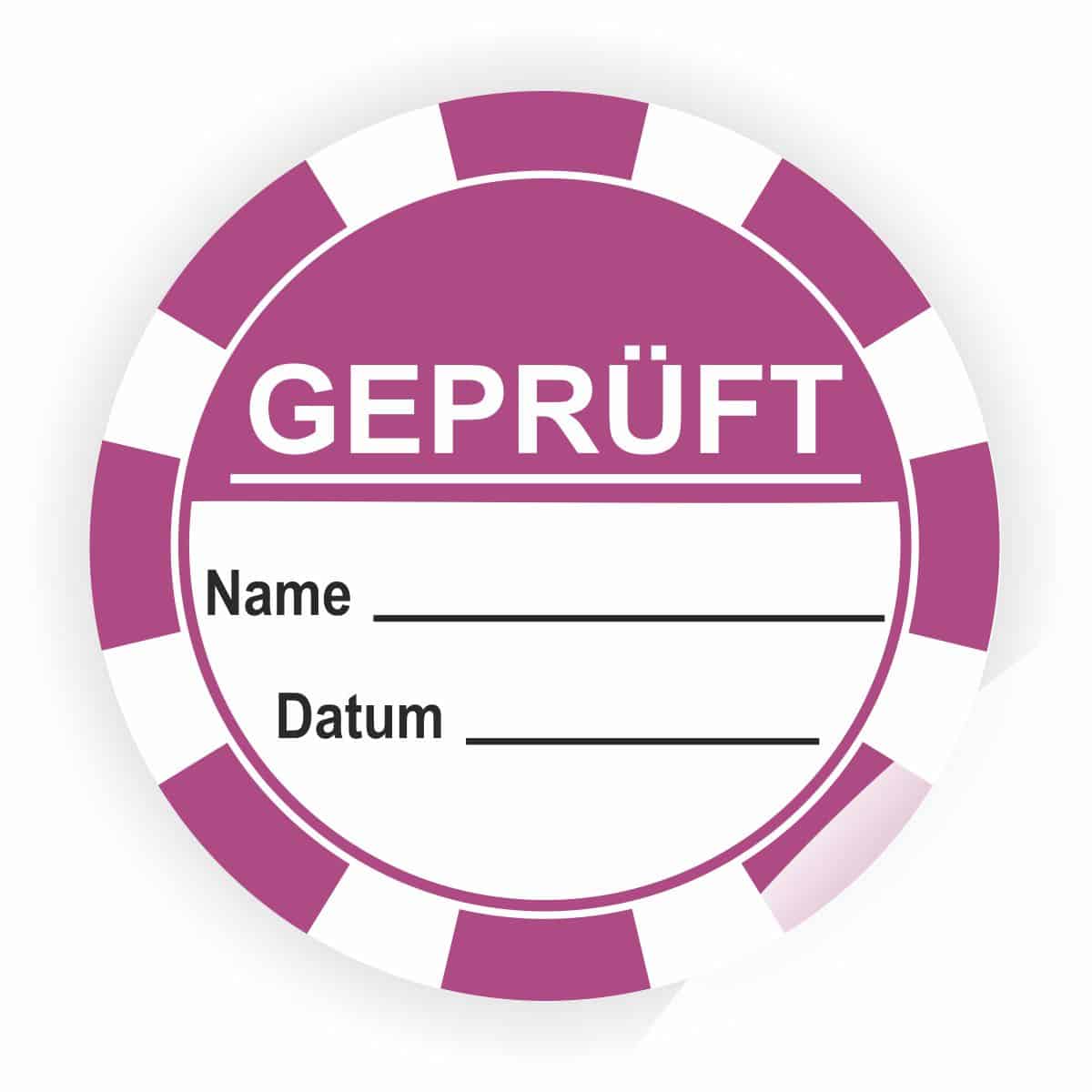 Runder Aufkleber mit der Aufschrift "GEPRÜFT", Platz für Name und Datum, verwendet zur Bestätigung von Prüfungen oder Zertifizierungen.