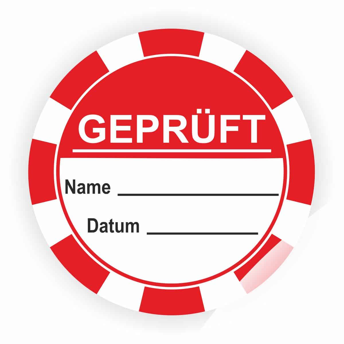 Rotes Prüfzeichen mit dem Wort "GEPRÜFT", Platz für Name und Datum, ideal für Zertifikate oder Qualitätskontrollen.
