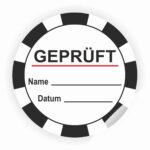Rundes Prüfsiegel mit dem Wort "GEPRÜFT", Platz für Name und Datum, ideal für Dokumentationen oder Zertifikate.