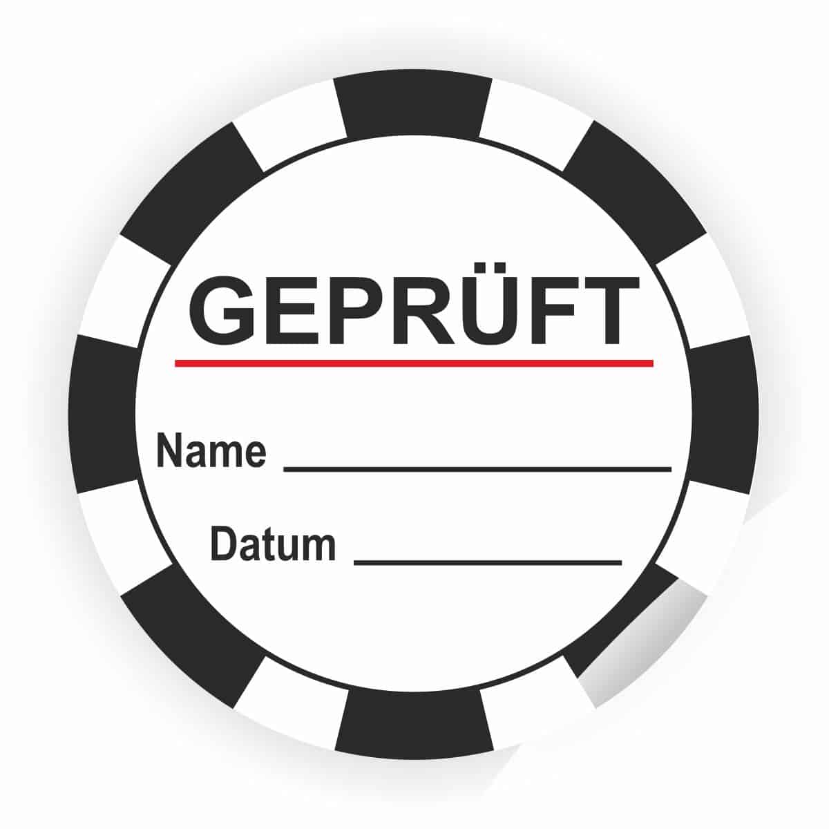Rundes Prüfsiegel mit dem Wort "GEPRÜFT", Platz für Name und Datum, ideal für Dokumentationen oder Zertifikate.
