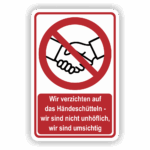Wir verzichten auf Händeschütteln Hinweisschild