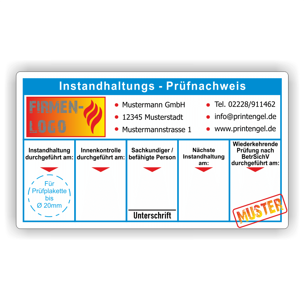 Instandhaltungsnachweis Feuerlöscher blau Firmenaufdruck