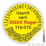 Prüfplakette rund mit Text geprüft nach DGUV Regel 114-010 Nächster Prüftermin. Plaketten Farbe- Gelb und Text in Schwarz. Monatszahlen oben und Jahreszahlen unten beginnend mit Startjahr- 26 für die Container-Prüfungen Austauschbare Kipp- und Absetzbehälter