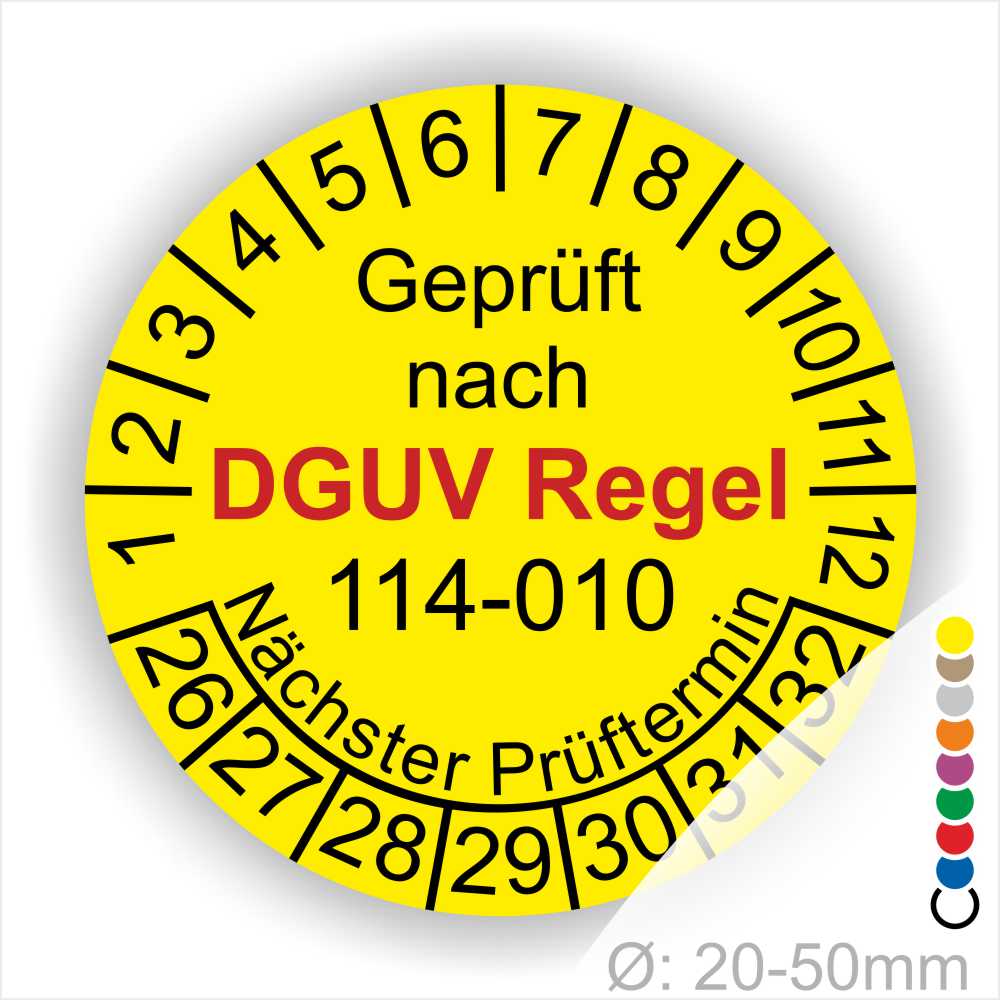Prüfplakette rund mit Text geprüft nach DGUV Regel 114-010 Nächster Prüftermin. Plaketten Farbe- Gelb und Text in Schwarz. Monatszahlen oben und Jahreszahlen unten beginnend mit Startjahr- 26 für die Container-Prüfungen Austauschbare Kipp- und Absetzbehälter