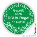 Prüfplakette, Mehrjaresplakette rund mit Text geprüft nach DGUV Regel 114-010 Nächster Prüftermin. Plaketten Farbe- Gruen und Text in Weiss. Monatszahlen oben und Jahreszahlen unten beginnend mit Startjahr- 26