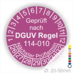 Prüfplakette, Prüfsticker rund mit Text geprüft nach DGUV Regel 114-010 Nächster Prüftermin. Plaketten Farbe- Lila und Text in Weiss. Monatszahlen oben und Jahreszahlen unten beginnend mit Startjahr- 26