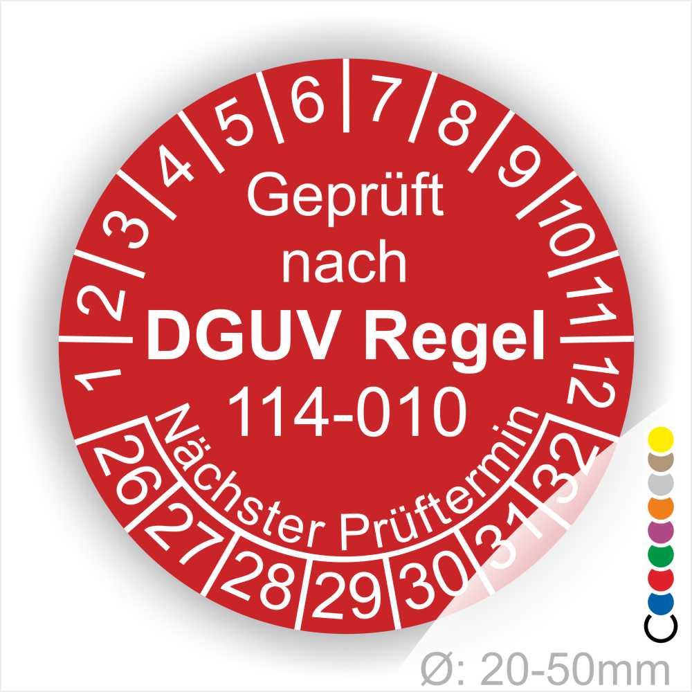 Prüfplakette, Servicesticker rund mit Text geprüft nach DGUV Regel 114-010 Nächster Prüftermin. Plaketten Farbe- Rot und Text in Weiss. Monatszahlen oben und Jahreszahlen unten beginnend mit Startjahr- 26