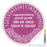 Dguv Regel Lagereinrichtung Wartungssiegel. Text Lager Einrichting geprüft gemäß DIN EN 15635 und DGUV R 108-007 Plaketten Farbe- Lila und Text in Weiss. Monatszahlen oben und Jahreszahlen unten beginnend mit Startjahr- 26 Prüfung von Lagereinrichtung