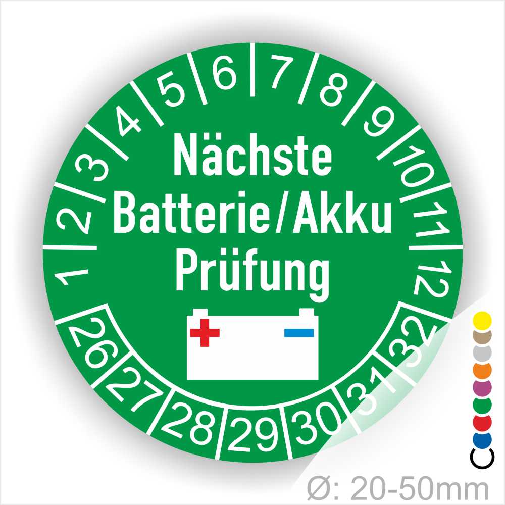 Prüfetiketten, Prüfplakette rund, Farbe- Grün, Text "Nächste Batterie/Akku Prüfung" in Weiß. Icon Batterie, Startjahr- 25, Monatszahlen Oben und Jahreszahlen Unten in Kreisform.