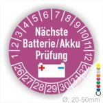 Prüfetiketten, Prüfplakette rund, Farbe- Lila, Text "Nächste Batterie/Akku Prüfung" in Weiß. Icon Batterie, Startjahr- 25, Monatszahlen Oben und Jahreszahlen Unten in Kreisform.