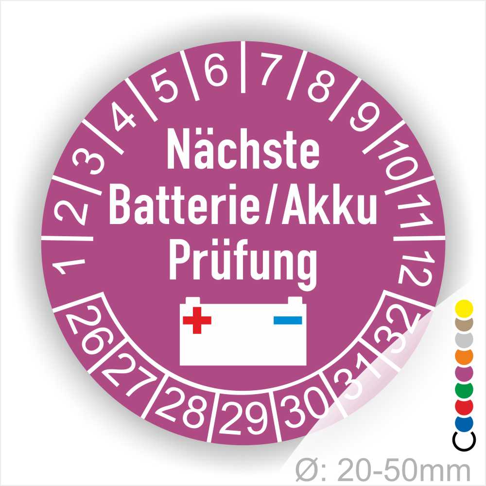 Prüfetiketten, Prüfplakette rund, Farbe- Lila, Text "Nächste Batterie/Akku Prüfung" in Weiß. Icon Batterie, Startjahr- 25, Monatszahlen Oben und Jahreszahlen Unten in Kreisform.