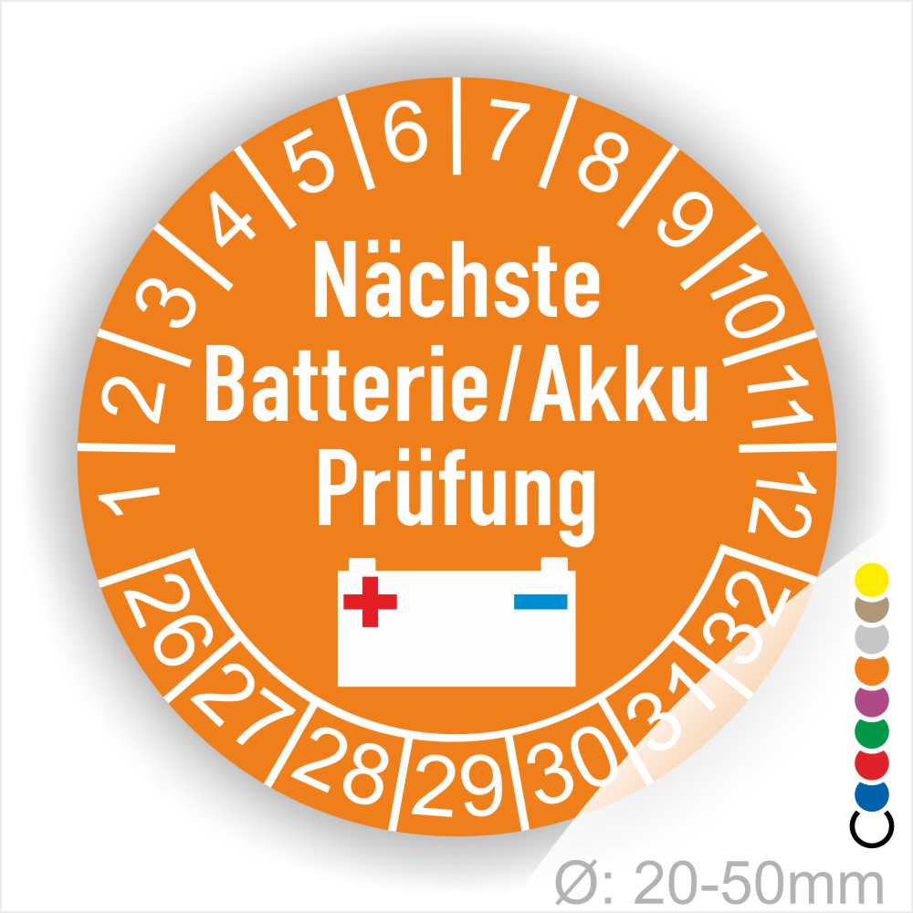 Prüfetiketten, Prüfplakette rund, Farbe- Orange, Text "Nächste Batterie/Akku Prüfung" in Weiß. Icon Batterie, Startjahr- 25, Monatszahlen Oben und Jahreszahlen Unten in Kreisform.