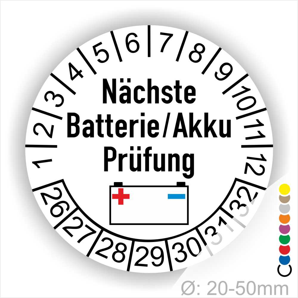 Prüfetiketten, Prüfplakette rund, Farbe- Weiß, Text "Nächste Batterie/Akku Prüfung" in Schwarz. Icon Batterie, Startjahr- 25, Monatszahlen Oben und Jahreszahlen Unten in Kreisform.