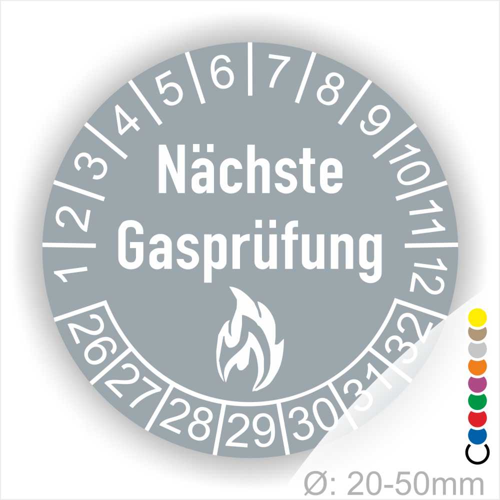 Prüfetiketten, Prüfplaketten rund, Farbe- Grau, Text "Nächste Gasprüfung" in Weiß danach eine Flamme als Pictogramm oder Icon in Weiß, Startjahr- 26, Monatszahlen Oben und Jahreszahlen Unten in Kreisform.