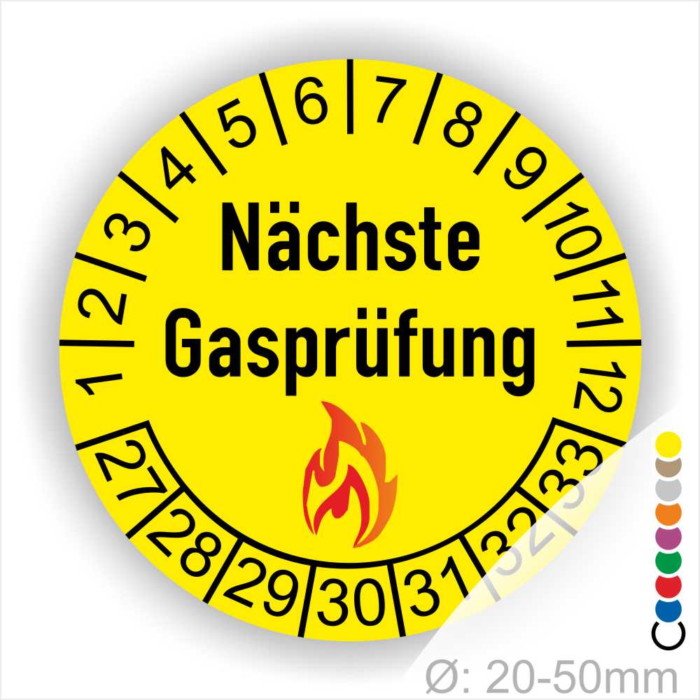 Prüfplaketten, Prüfetiketten rund, Farbe- Gelb, Text "Nächste Gasprüfung" in Schwarz danach eine Flamme als Pictogramm oder Icon in Rot, Startjahr- 27, Monatszahlen Oben und Jahreszahlen Unten in Kreisform. Über den Jahreszahlen.