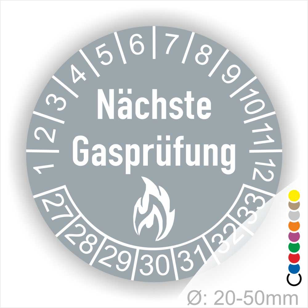 Mehrjahresplaketten, Prüfplaketten rund, Farbe- Grau, Text "Nächste Gasprüfung" in Weiß danach eine Flamme als Pictogramm oder Icon in Weiß, Startjahr- 27, Monatszahlen Oben und Jahreszahlen Unten in Kreisform.