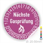 Mehrjahresplaketten, Prüfplaketten rund, Farbe- Lila, Text "Nächste Gasprüfung" in Weiß danach eine Flamme als Pictogramm oder Icon in Weiß, Startjahr- 27, Monatszahlen Oben und Jahreszahlen Unten in Kreisform.