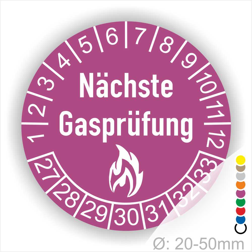 Mehrjahresplaketten, Prüfplaketten rund, Farbe- Lila, Text "Nächste Gasprüfung" in Weiß danach eine Flamme als Pictogramm oder Icon in Weiß, Startjahr- 27, Monatszahlen Oben und Jahreszahlen Unten in Kreisform.