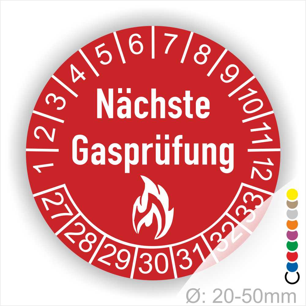 Mehrjahresplaketten, Prüfplaketten rund, Farbe- Rot, Text "Nächste Gasprüfung" in Weiß danach eine Flamme als Pictogramm oder Icon in Weiß, Startjahr- 27, Monatszahlen Oben und Jahreszahlen Unten in Kreisform.