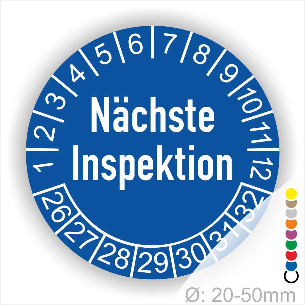 Prüfetikette Nächste Inspektion Startjahr- 26 Monatszahlen Oben und Jahreszahlen Unten in Kreisform Farbe- Blau