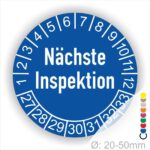 Prüfetikette, Plakette Nächste Inspektion Startjahr- 27Monatszahlen Oben und Jahreszahlen Unten in Kreisform Farbe- Blau