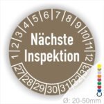 Serviceetikett, Nächste Inspektion Startjahr- 27 Monatszahlen Oben und Jahreszahlen Unten in Kreisform Farbe- Braun