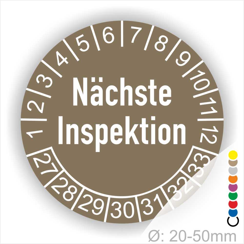 Serviceetikett, Nächste Inspektion Startjahr- 27 Monatszahlen Oben und Jahreszahlen Unten in Kreisform Farbe- Braun