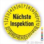 Prüfetiketten, Wartungssticker Nächste Inspektion Startjahr- 27 Monatszahlen Oben und Jahreszahlen Unten in Kreisform Farbe- Gelb