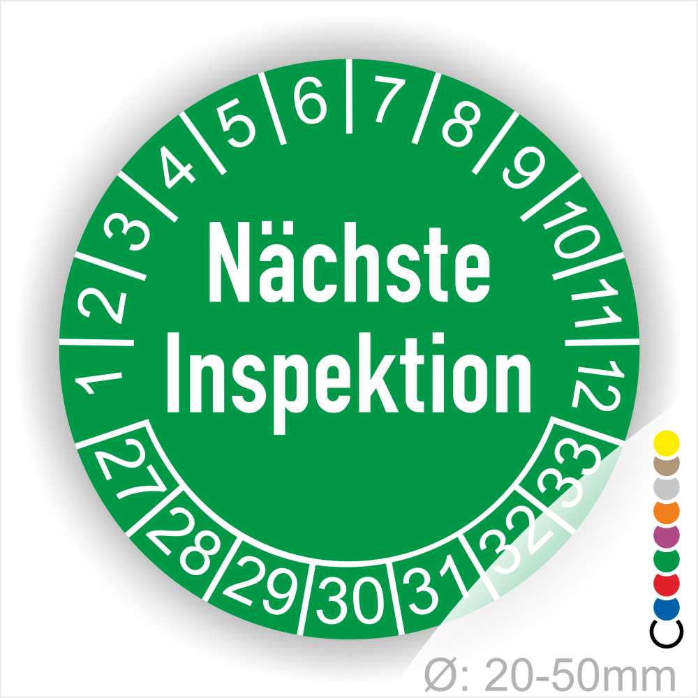Prüfetiketten Nächste Inspektion Startjahr- 27 Monatszahlen Oben und Jahreszahlen Unten in Kreisform Farbe- Grün