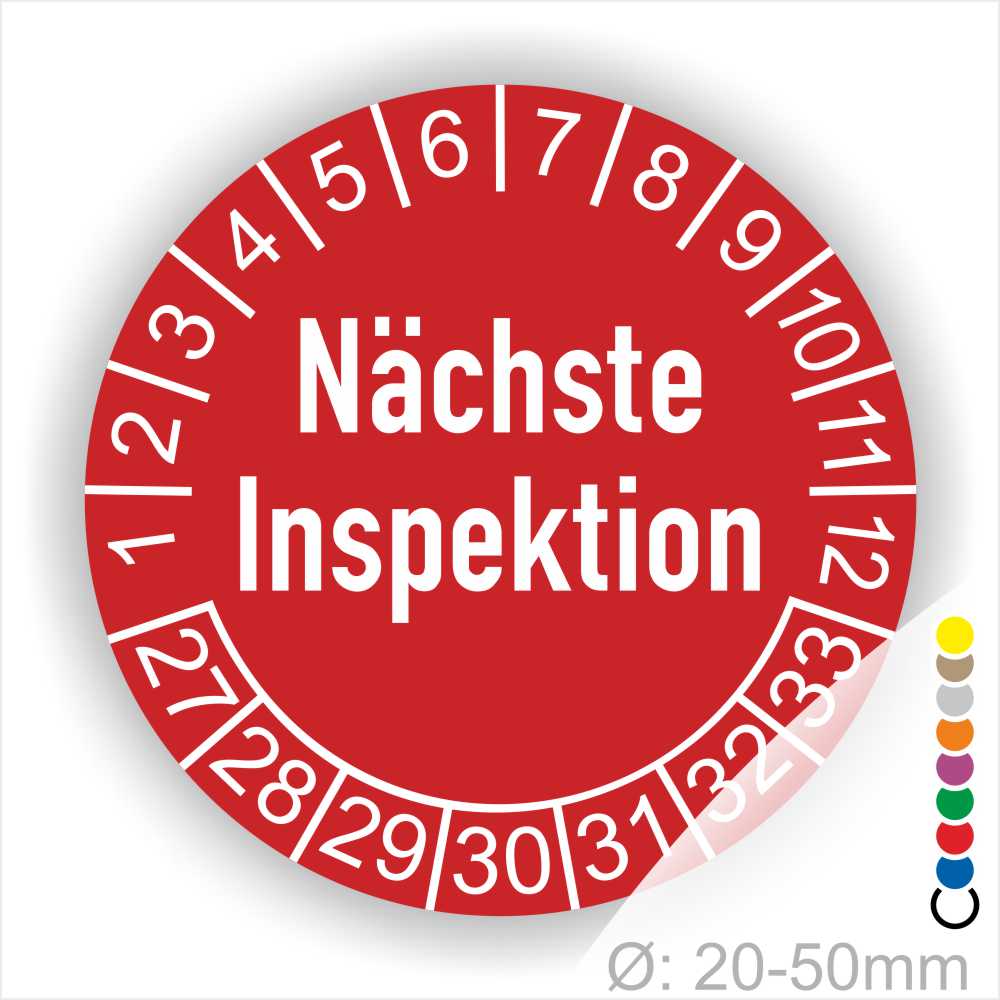 Prüfaufkleber, Prüfetiketten Nächste Inspektion Startjahr- 27 Monatszahlen Oben und Jahreszahlen Unten in Kreisform Farbe- Rot