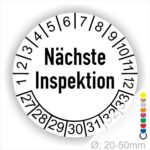 Mehrjahresplakette, Prüfetiketten Nächste Inspektion Startjahr- 27 Monatszahlen Oben und Jahreszahlen Unten in Kreisform Farbe- Weiss