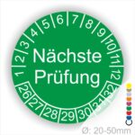 Prüfplaketten, Prüfetiketten rund, Farbe- Grün, Text "Nächste Prüfung" in Weiß. Startjahr- 25, Monatszahlen Oben und Jahreszahlen Unten in Kreisform.