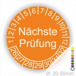 Prüfplaketten, Prüfetiketten rund, Farbe- Orange, Text "Nächste Prüfung" in Weiß. Startjahr- 25, Monatszahlen Oben und Jahreszahlen Unten in Kreisform.