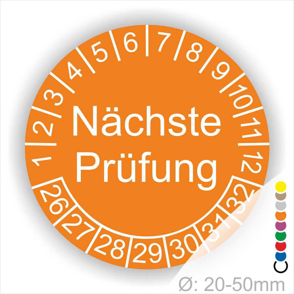 Prüfplaketten, Prüfetiketten rund, Farbe- Orange, Text "Nächste Prüfung" in Weiß. Startjahr- 25, Monatszahlen Oben und Jahreszahlen Unten in Kreisform.