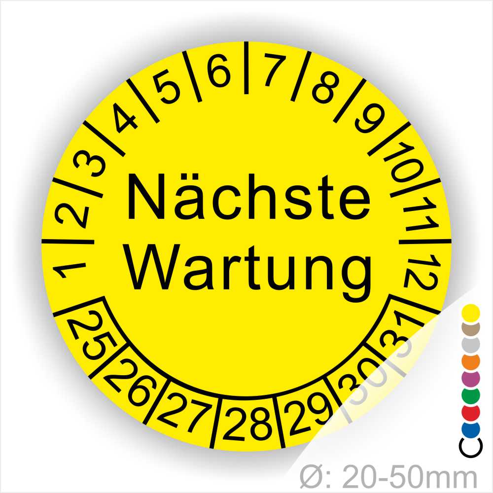 Prüfplaketten, Prüfetiketten rund, Farbe- Gelb, Text "Nächste Wartung" in Schwarz. Startjahr- 25, Monatszahlen Oben und Jahreszahlen Unten in Kreisform.