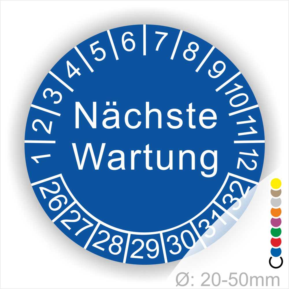 Prüfplaketten, Prüfetiketten rund, Farbe- Blau, Text "Nächste Wartung" in Weiß. Startjahr- 26, Monatszahlen Oben und Jahreszahlen Unten in Kreisform.