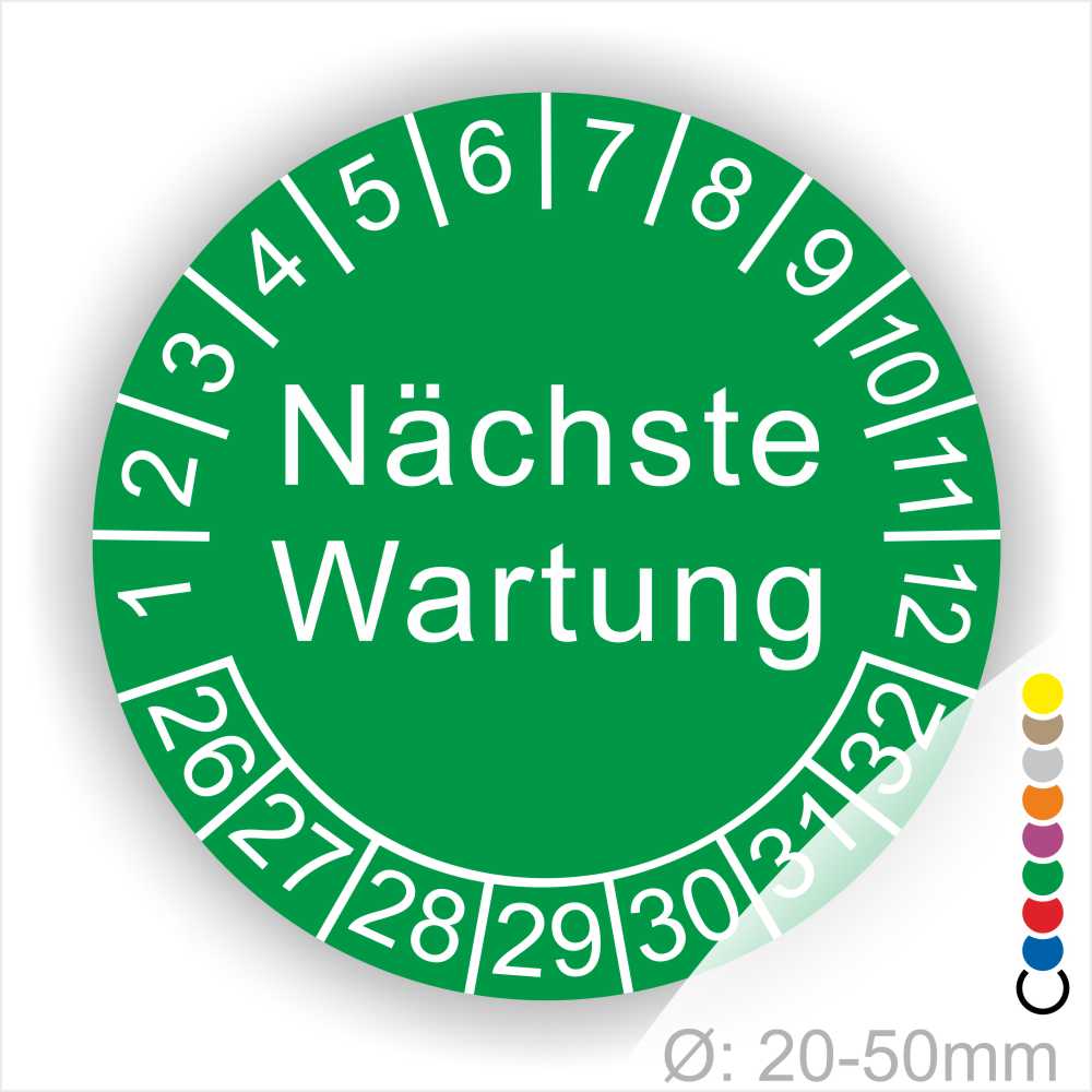 Prüfplaketten, Prüfetiketten rund, Farbe- Grün, Text "Nächste Wartung" in Weiß. Startjahr- 26, Monatszahlen Oben und Jahreszahlen Unten in Kreisform.